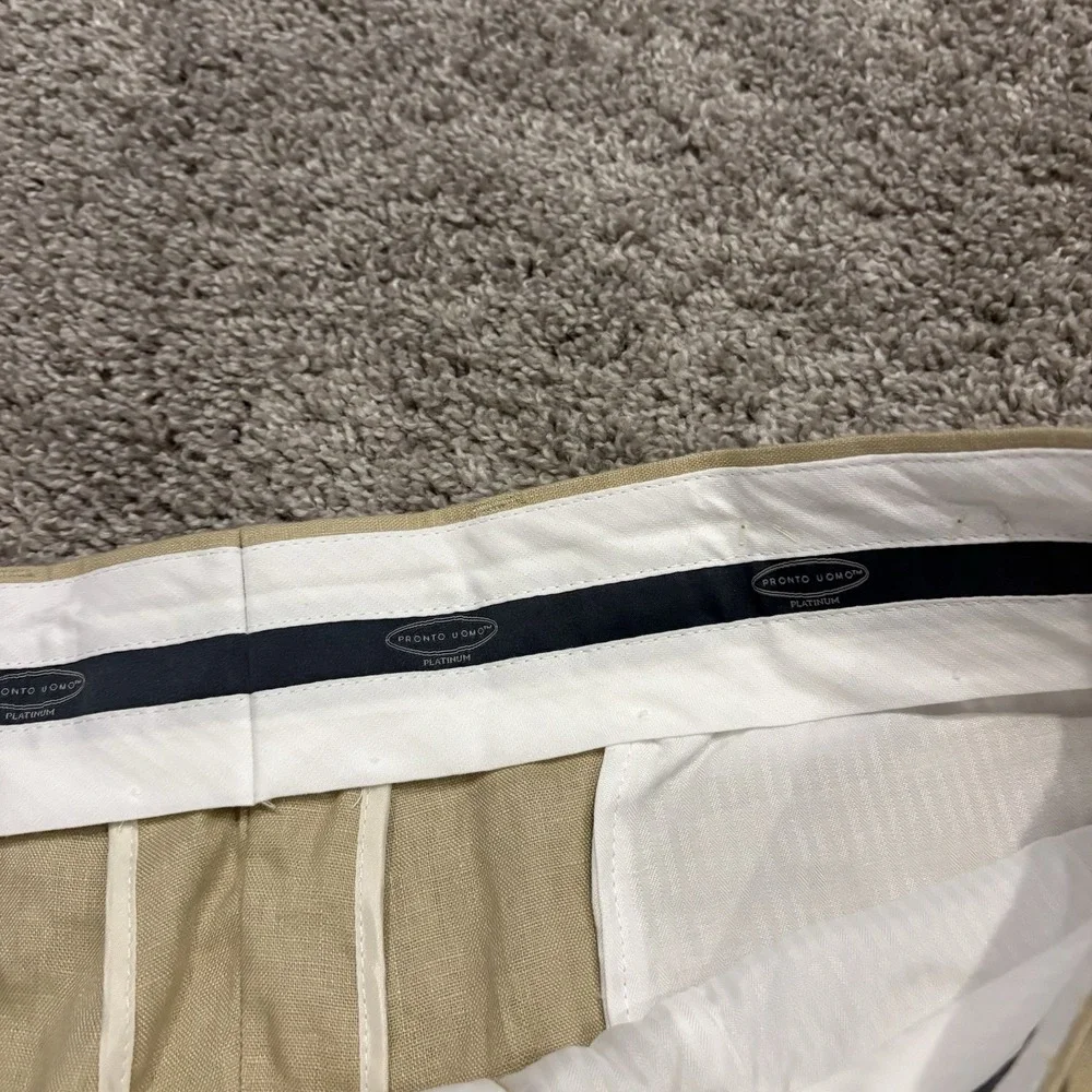 Pronto Uomo Platinum Pants Beige Flat Front 100% Linen 38 NEW UNCUT / UNHEMMED!